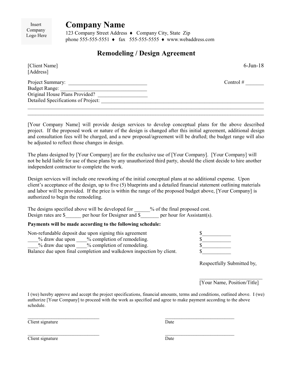 Remodeling / Design Agreement