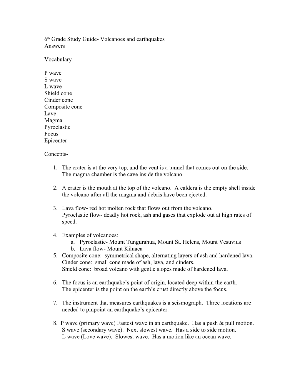 6Th Grade Study Guide- Volcanoes and Earthquakes