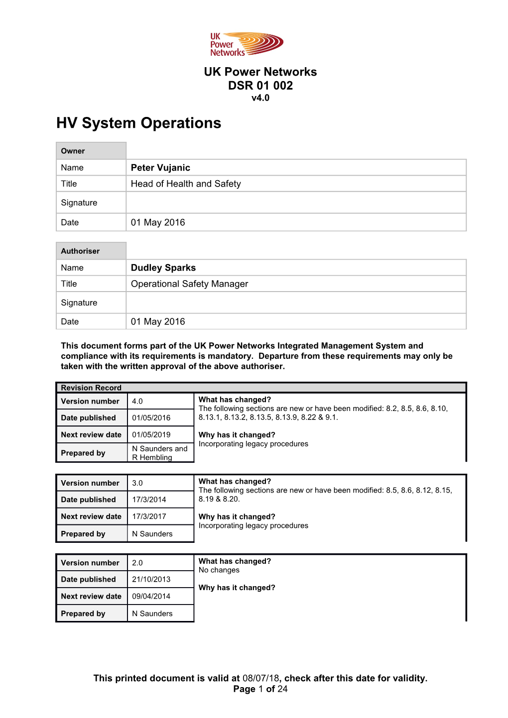 DSR 01 002 HV System Operations