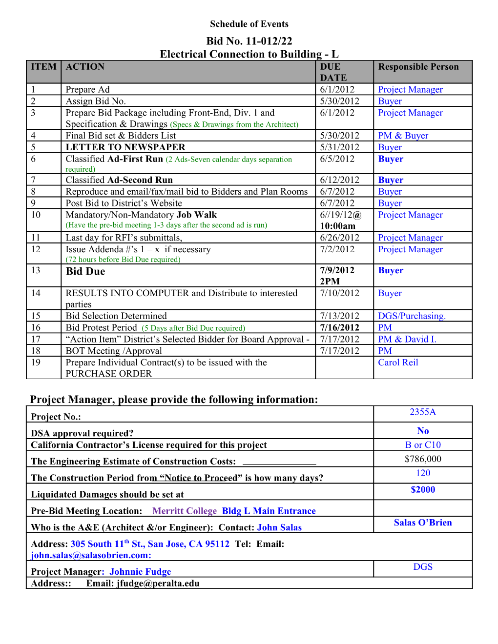 Construction Projects Schedule of Events