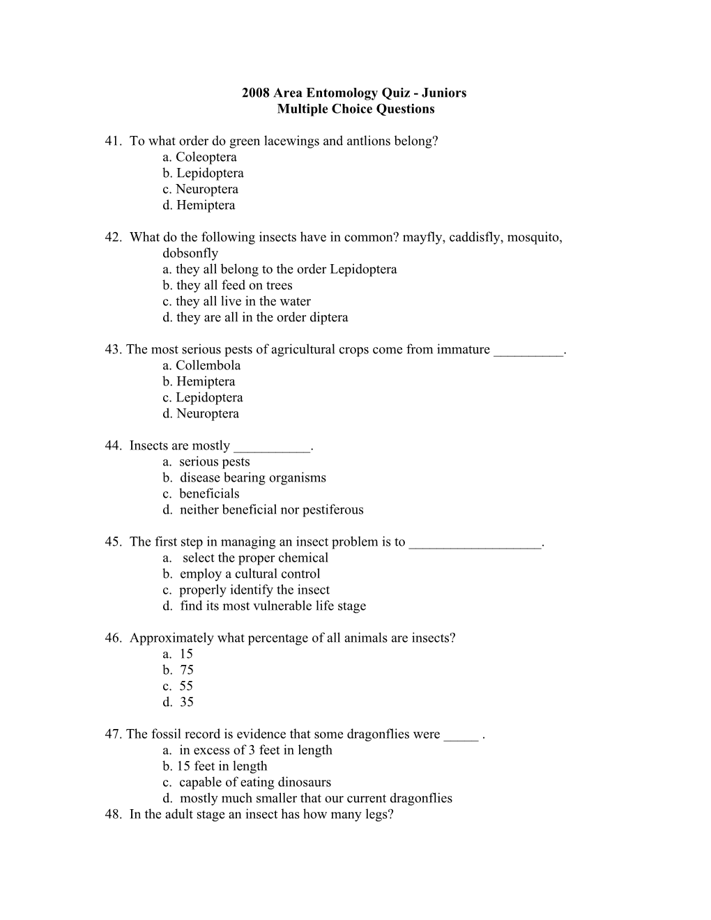 Multiple Choice Questions for County/Area 4-H/FFA Contest - 1998