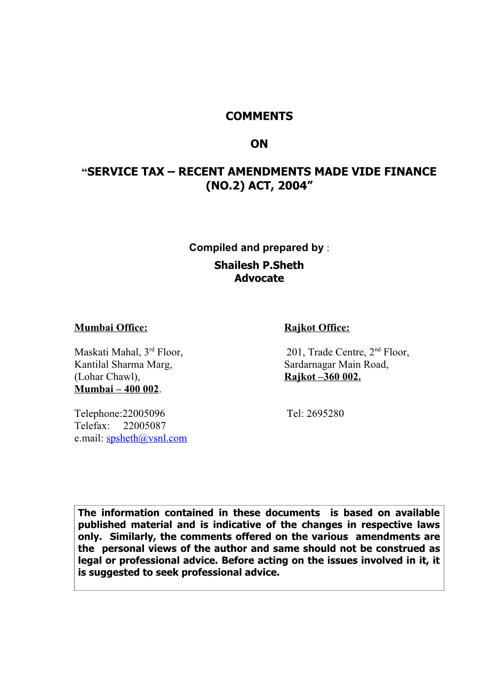 Service Tax Recent Amendments Made Vide Finance (No.2) Act, 2004