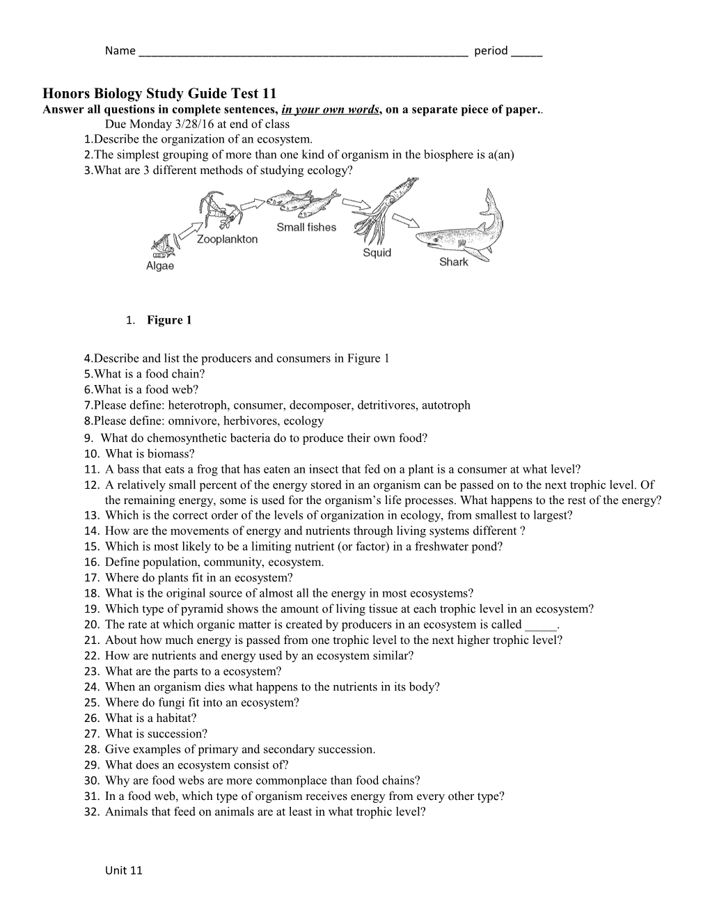 Honors Biology Study Guide Test 11