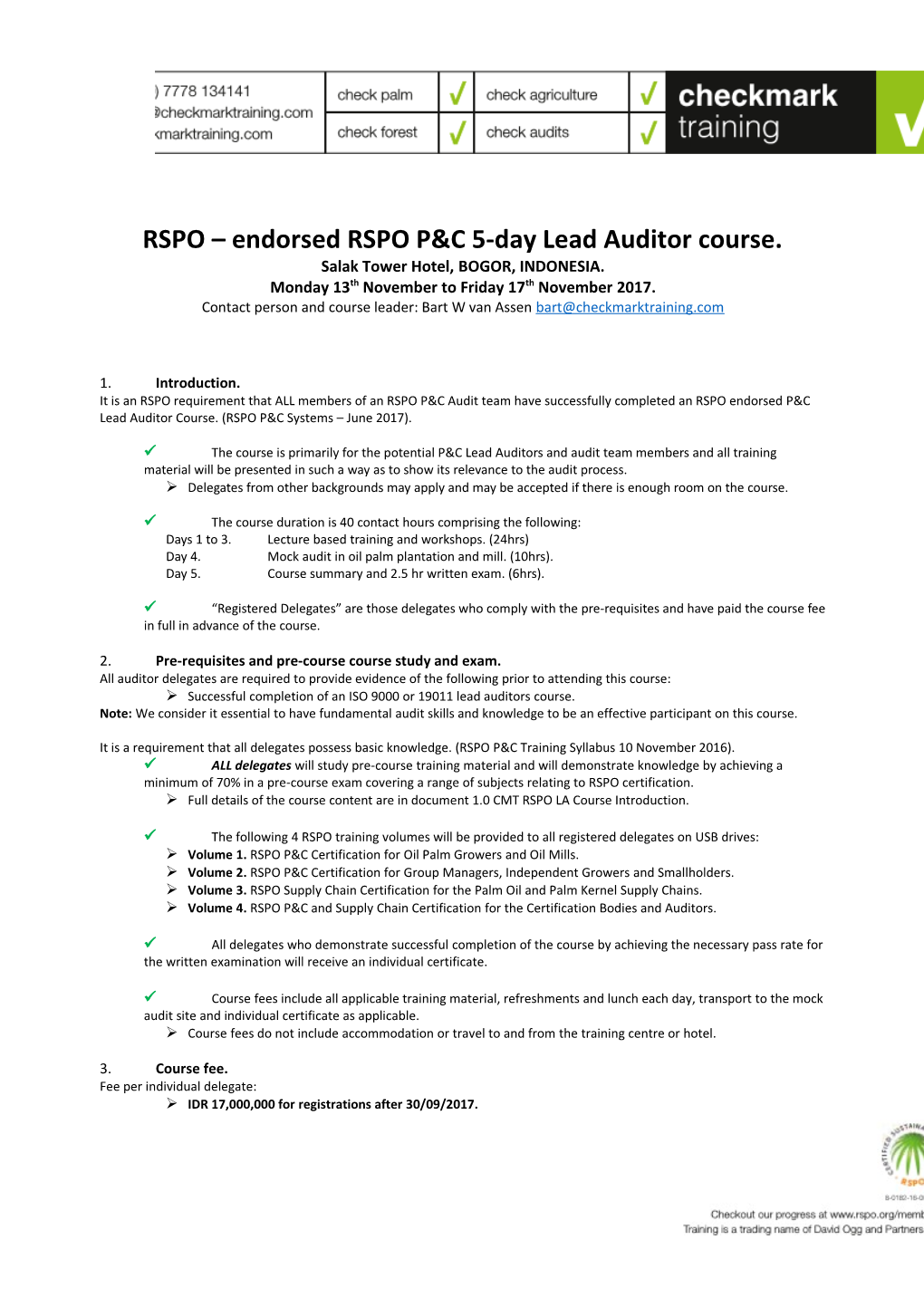 RSPO Endorsed RSPO P&C 5-Day Lead Auditor Course