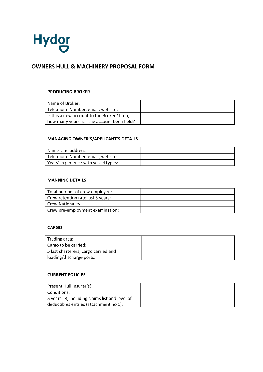 Owners Hull & Machinery Proposal Form