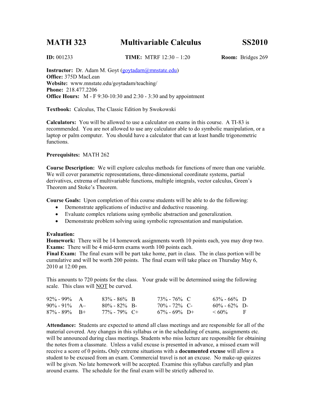 MATH 323 Multivariable Calculus SS2010