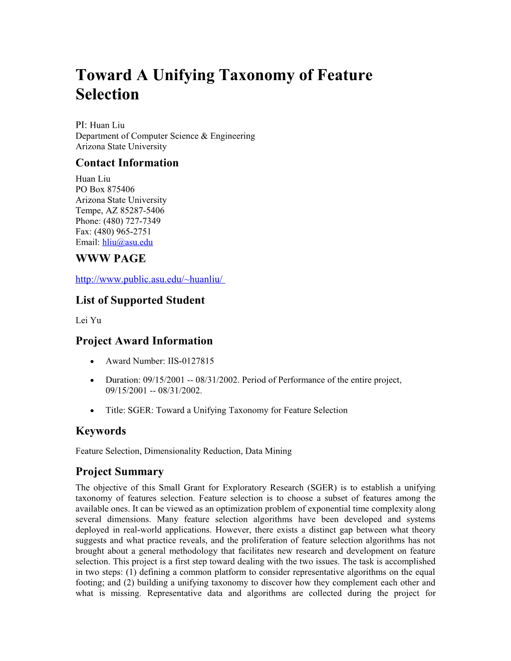 NSF IDM Report on Feature Selection