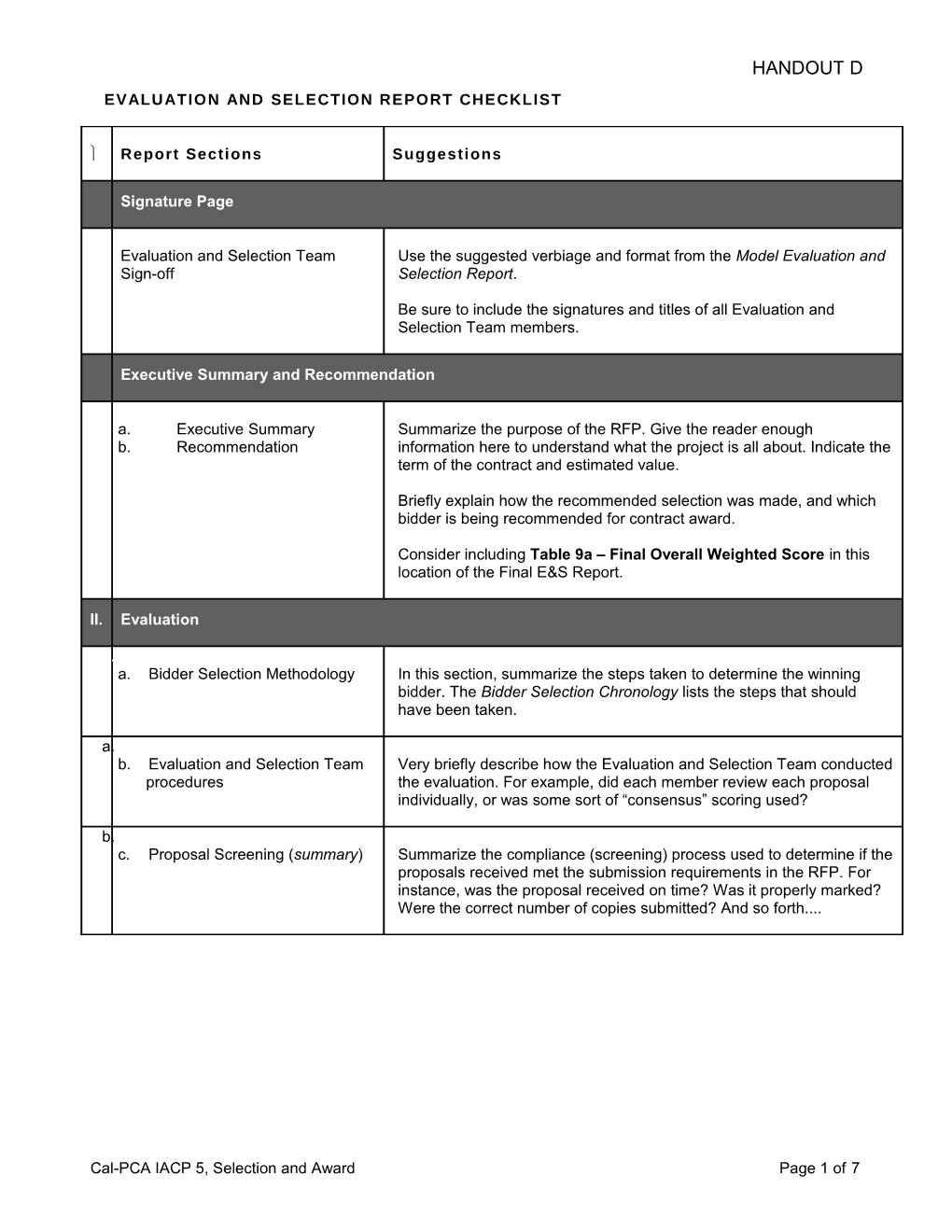 Evaluation and Selection Report Checklist