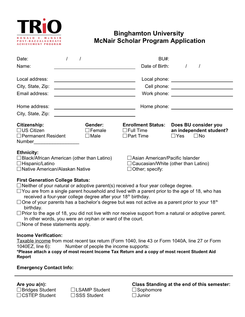Mcnair Scholar Program Application