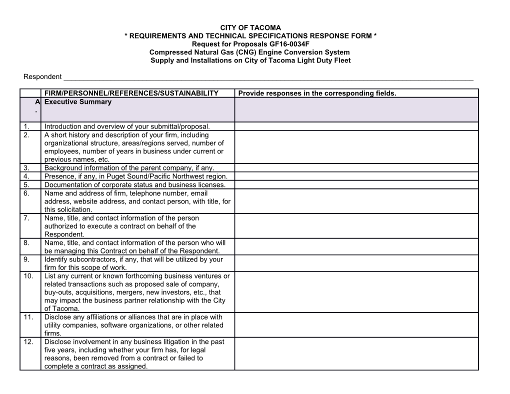 * Requirements and Technical Specifications Response Form *