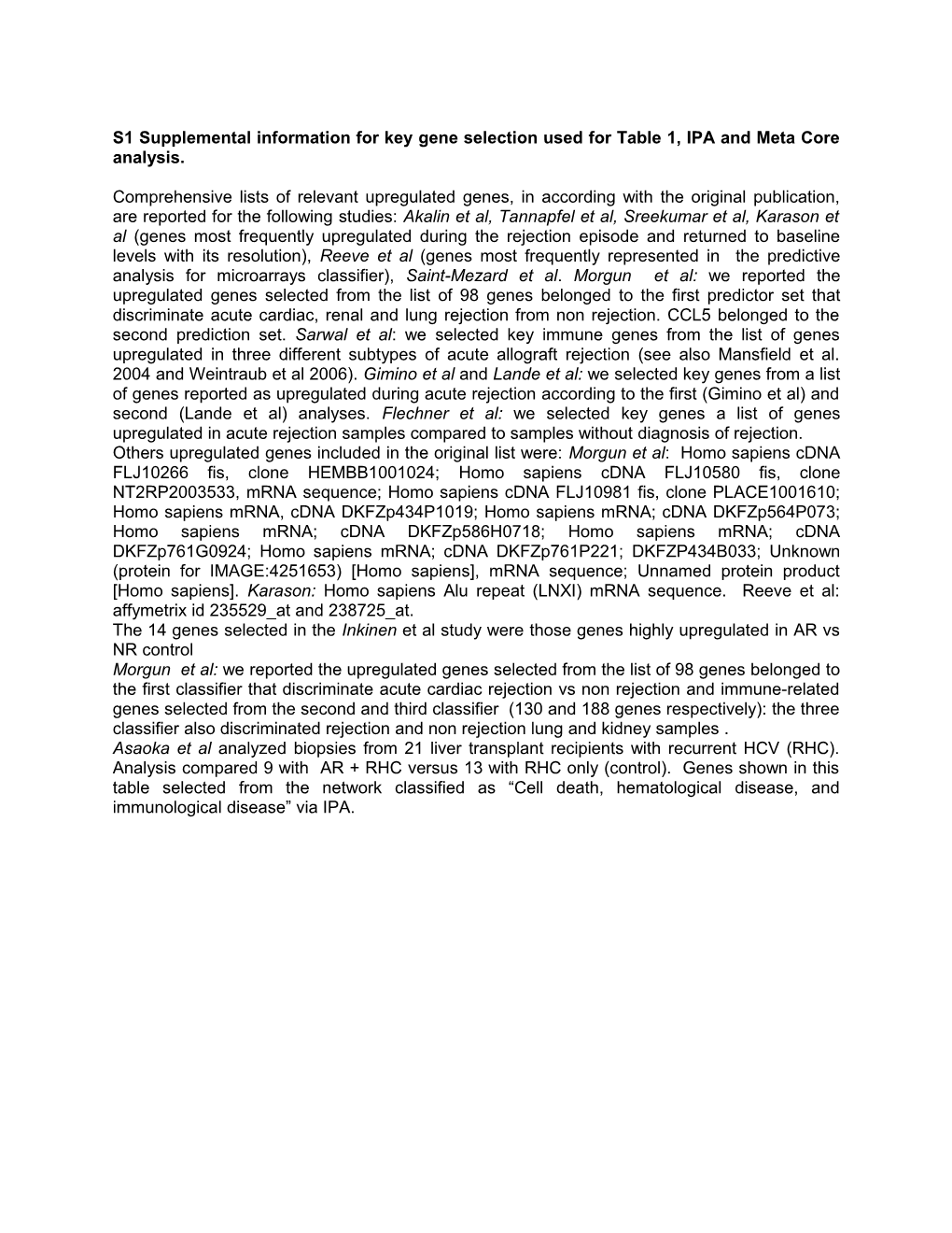 S1 Supplemental Information for Key Gene Selection Used for Table 1, IPA and Meta Core