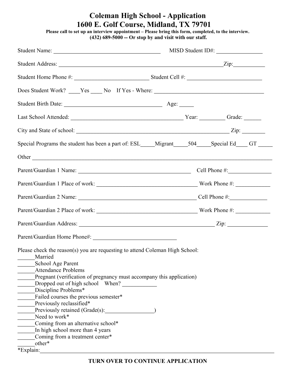 Application to Coleman High School