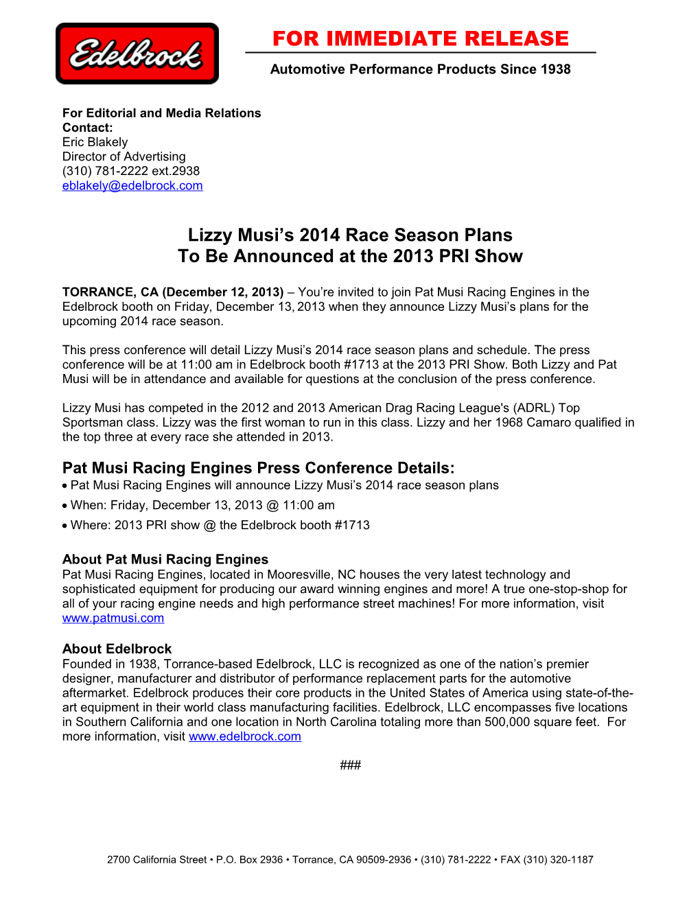 Lizzy Musi S 2014 Race Season Plans to Be Announced at the 2013 PRI Show