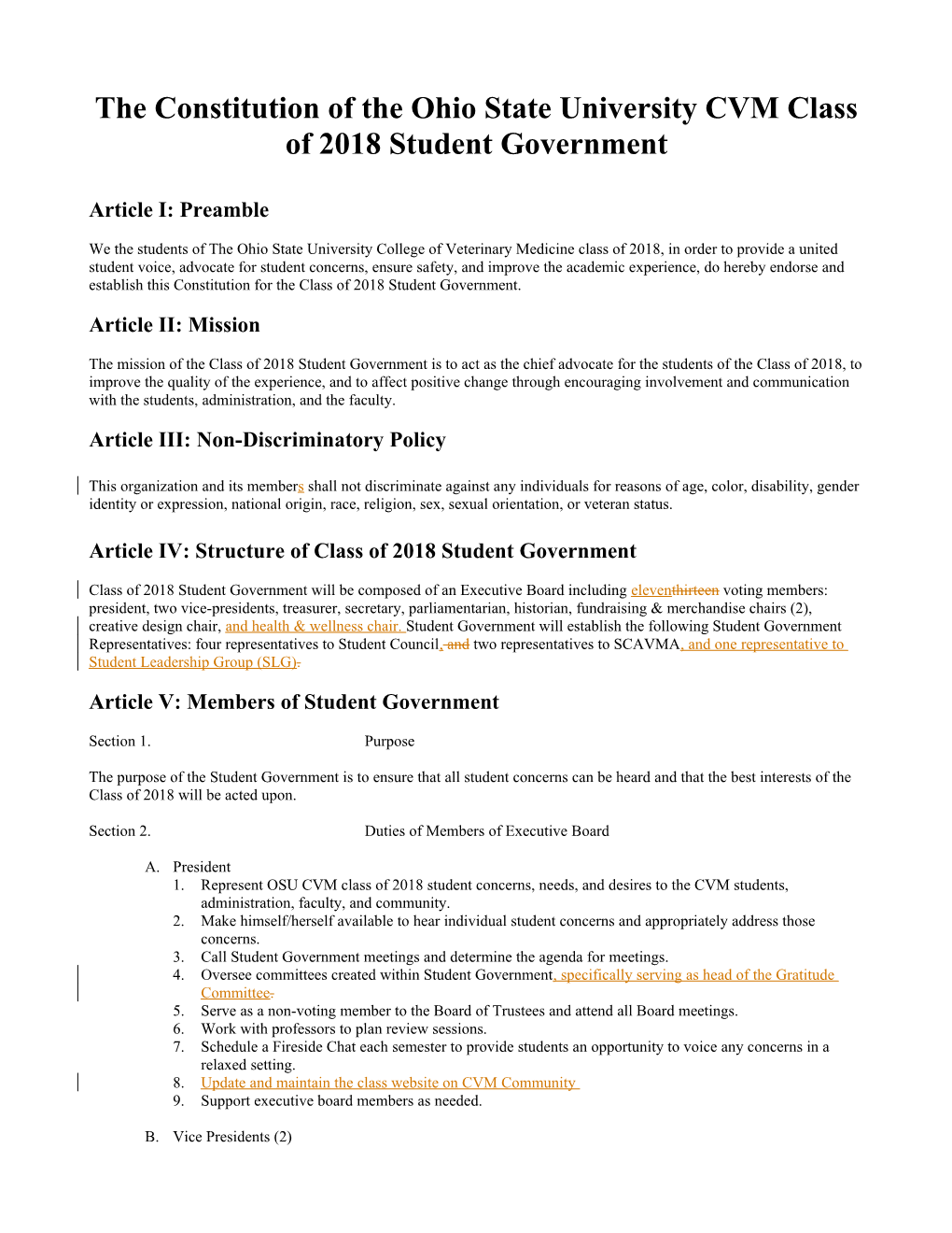 The Constitution of the Ohio State University CVM Class of 2018 Student Government