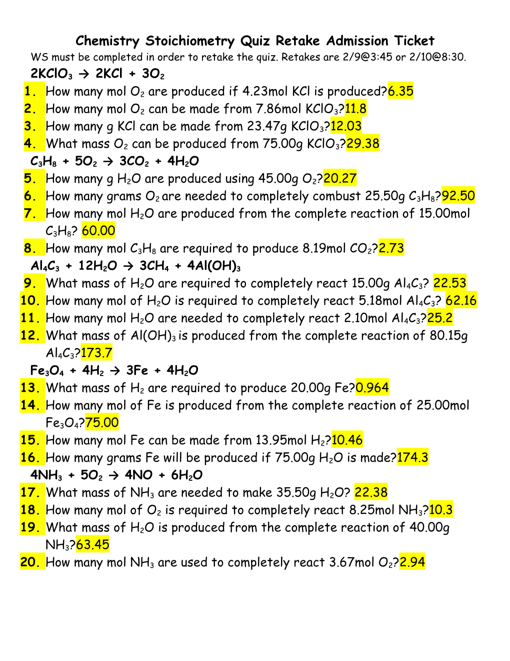 Chemistry Stoichiometry Quiz Retake Admission Ticket