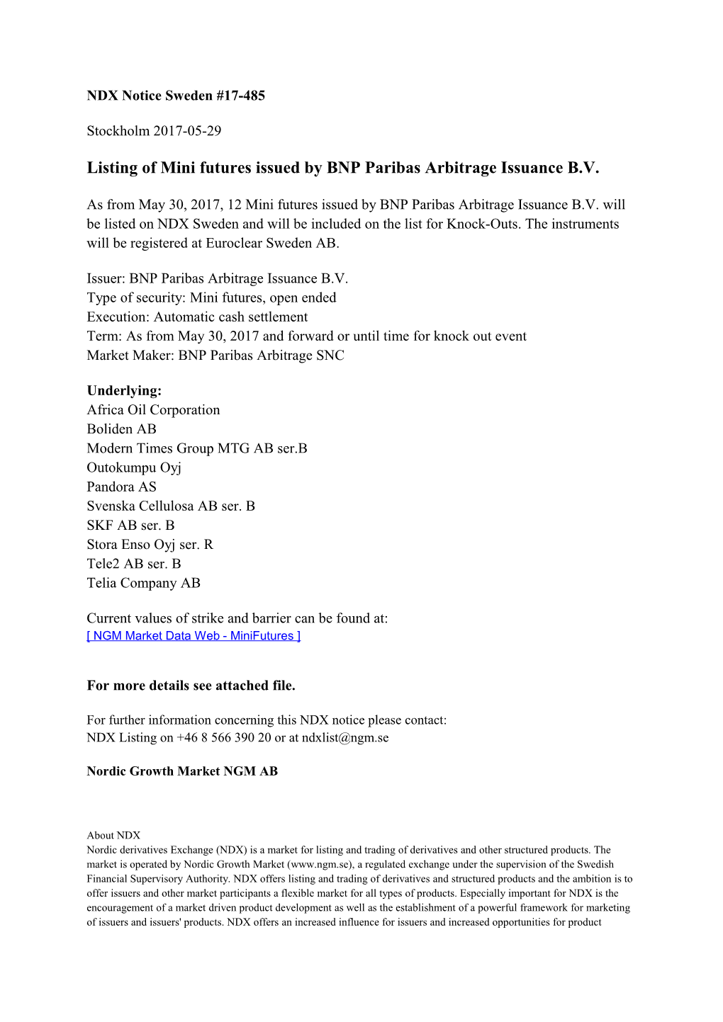 Listing of Mini Futures Issued by BNP Paribas Arbitrage Issuance B.V