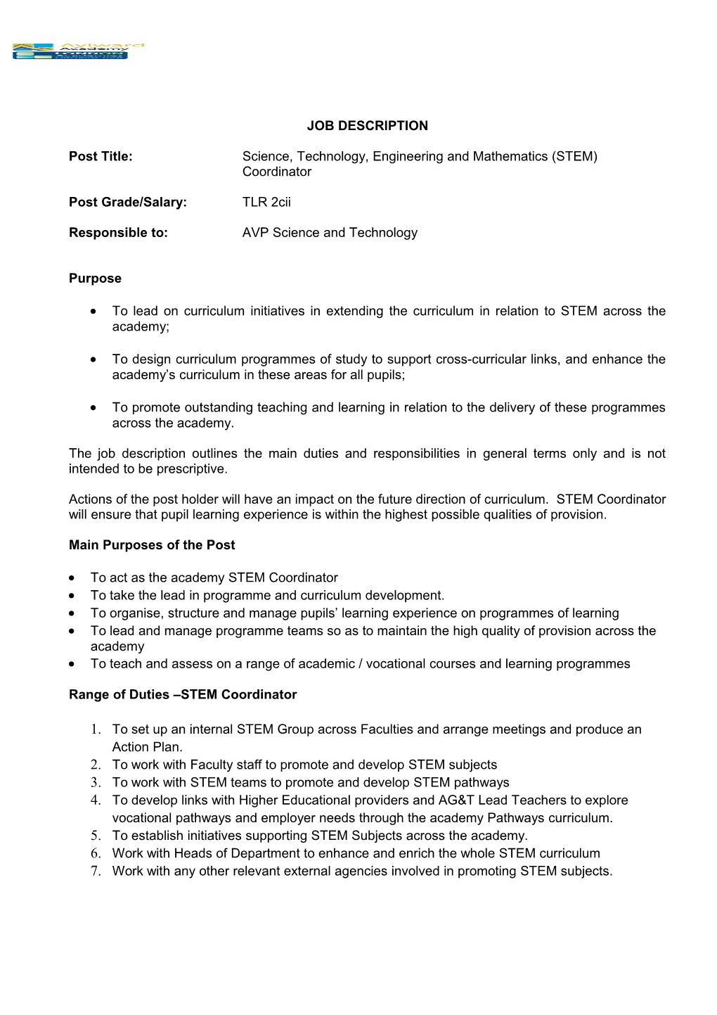 Post Title: Science, Technology, Engineering and Mathematics (STEM) Coordinator