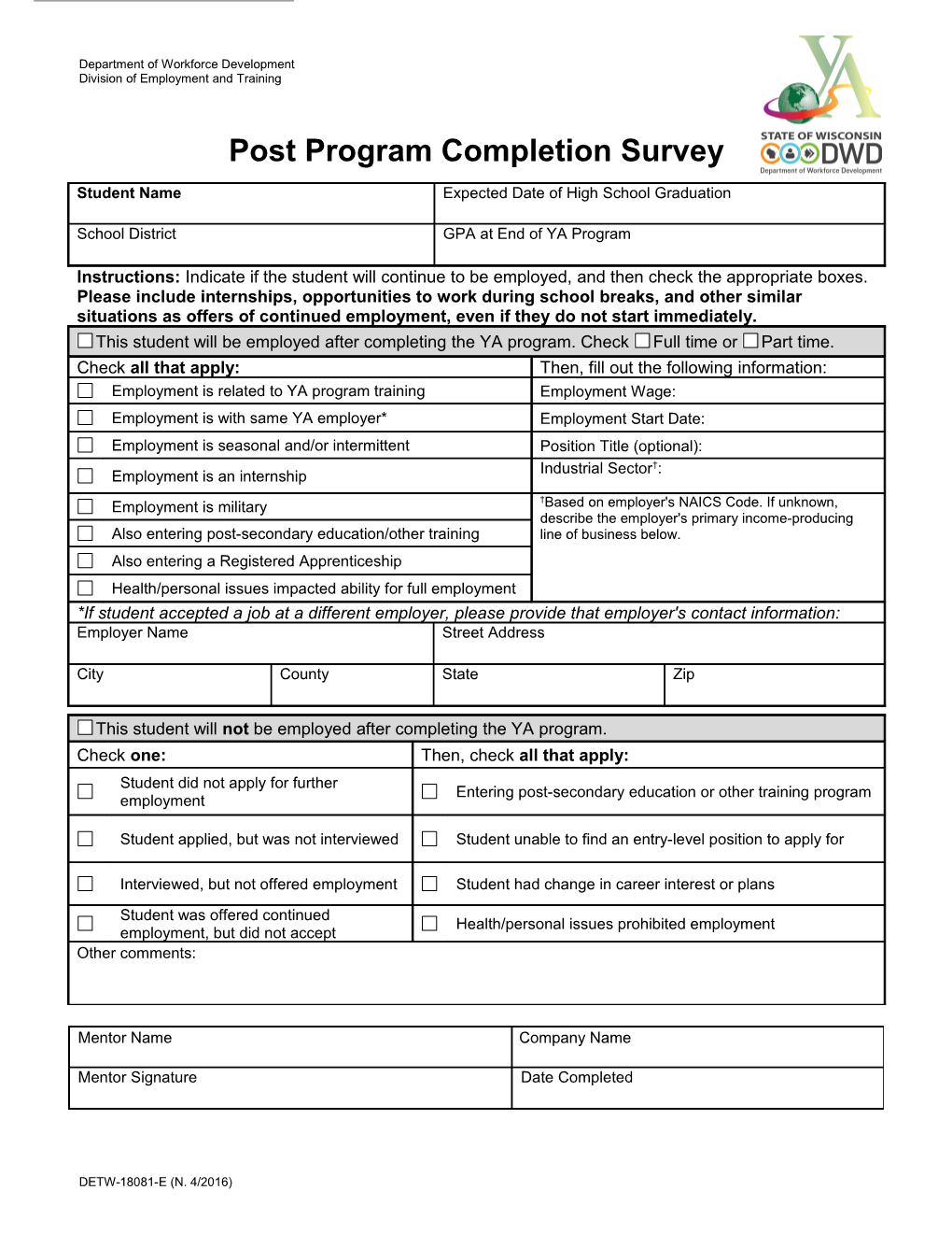 DETW-18081-E, Post Program Completion Survey
