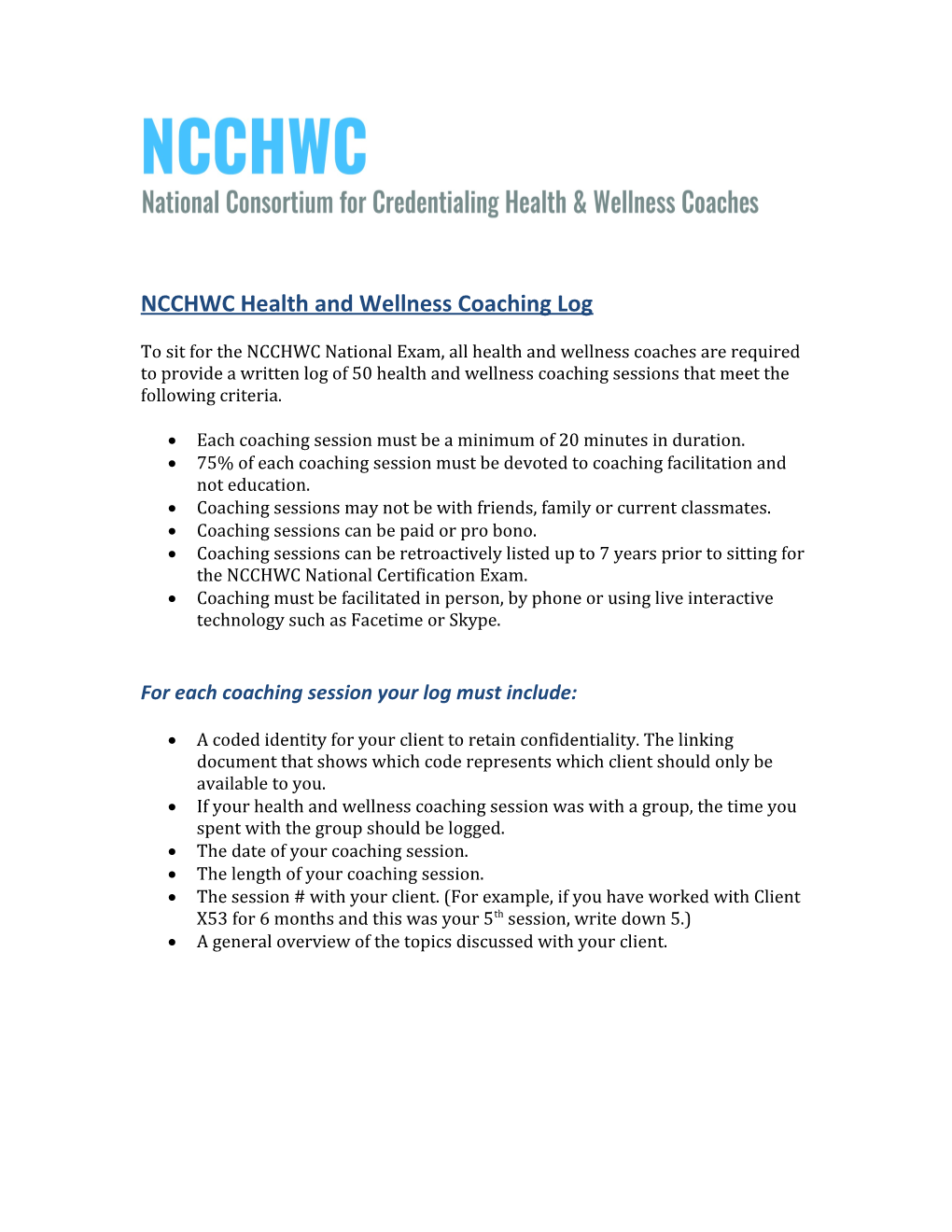 NCCHWC Health and Wellness Coaching Log