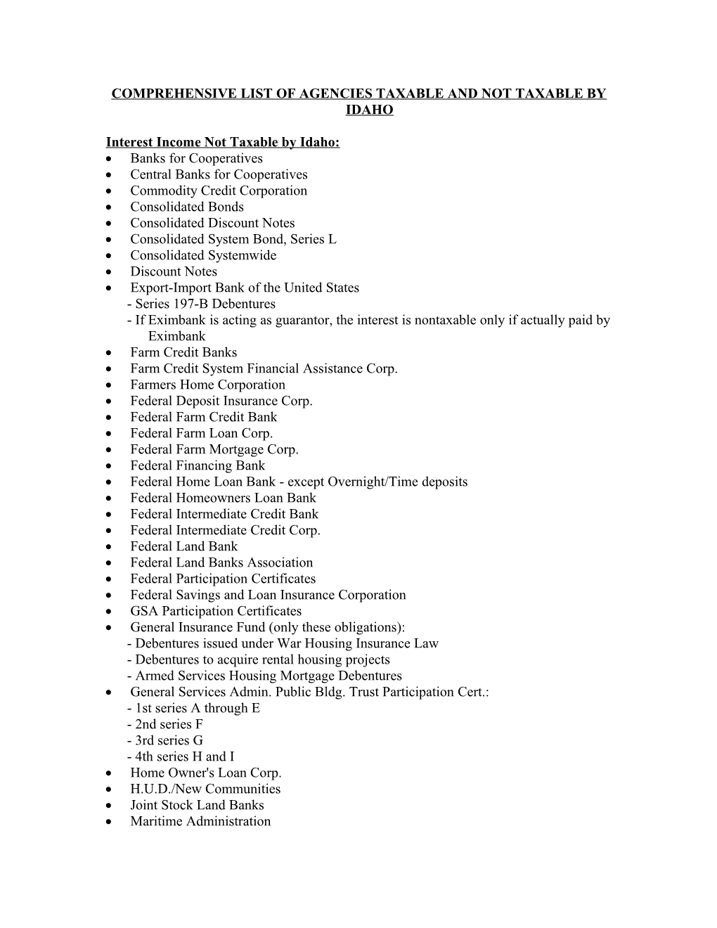 Comprehensive List of Agencies Taxable and Not Taxable by Idaho