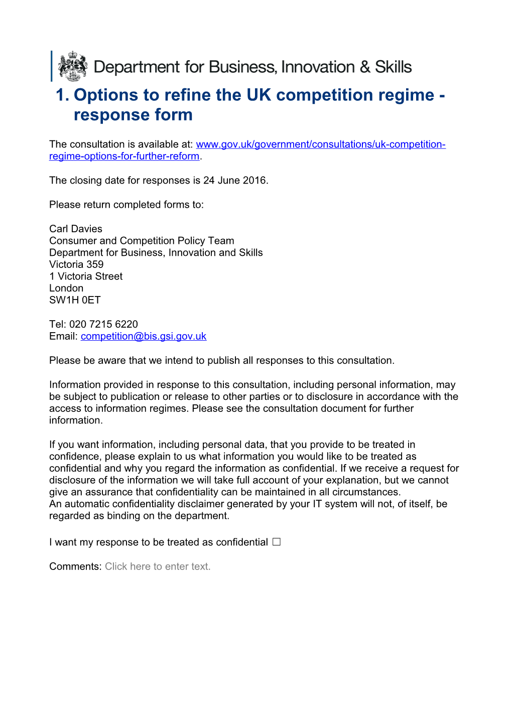 Options to Refine the UK Competition Regime - Response Form