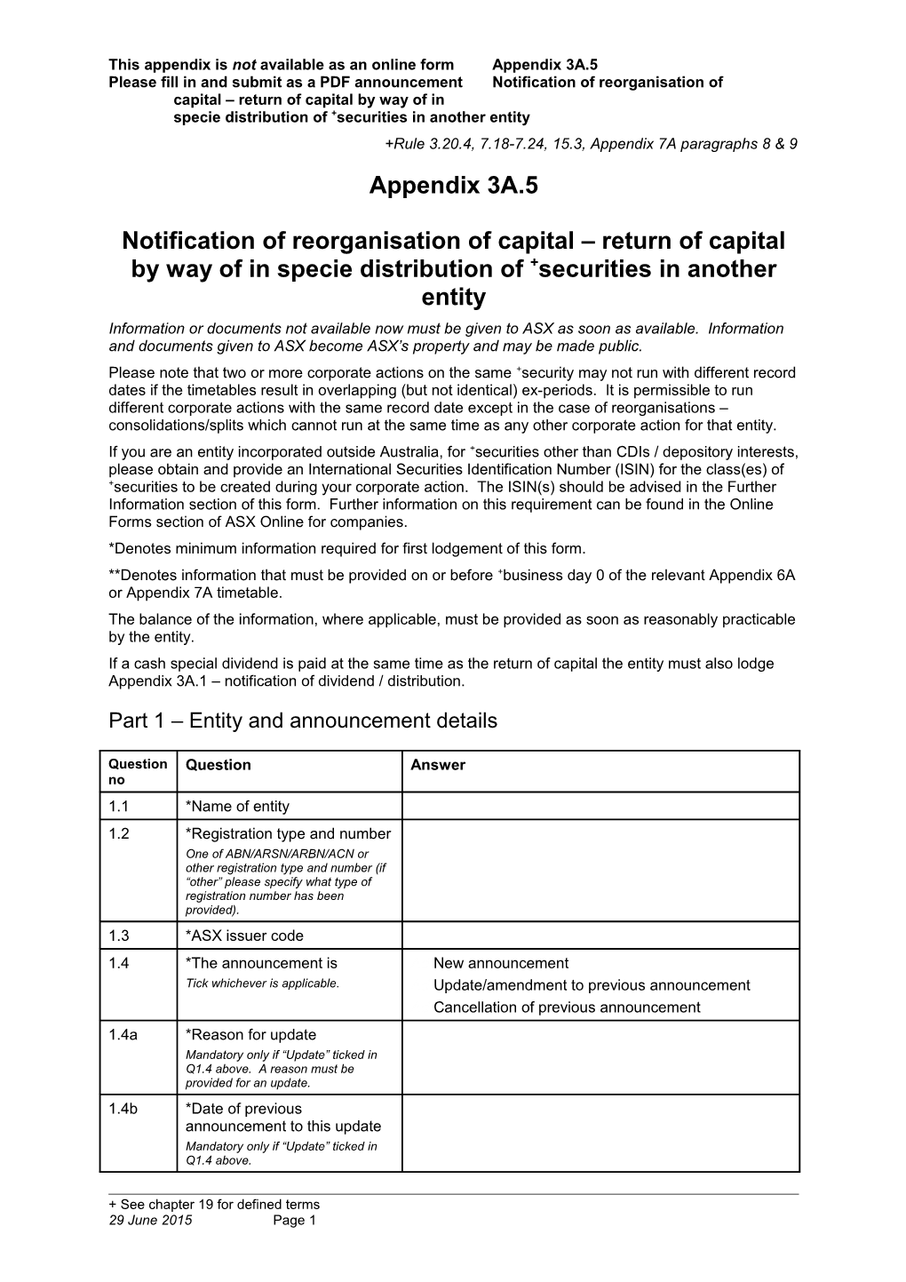 ASX Listing Rules Appendix 3A.5 - Notification of Reorganisation of Capital