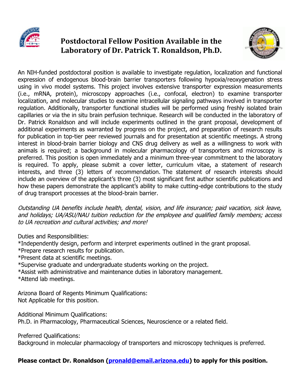 Postdoctoral Fellow Position Available in The