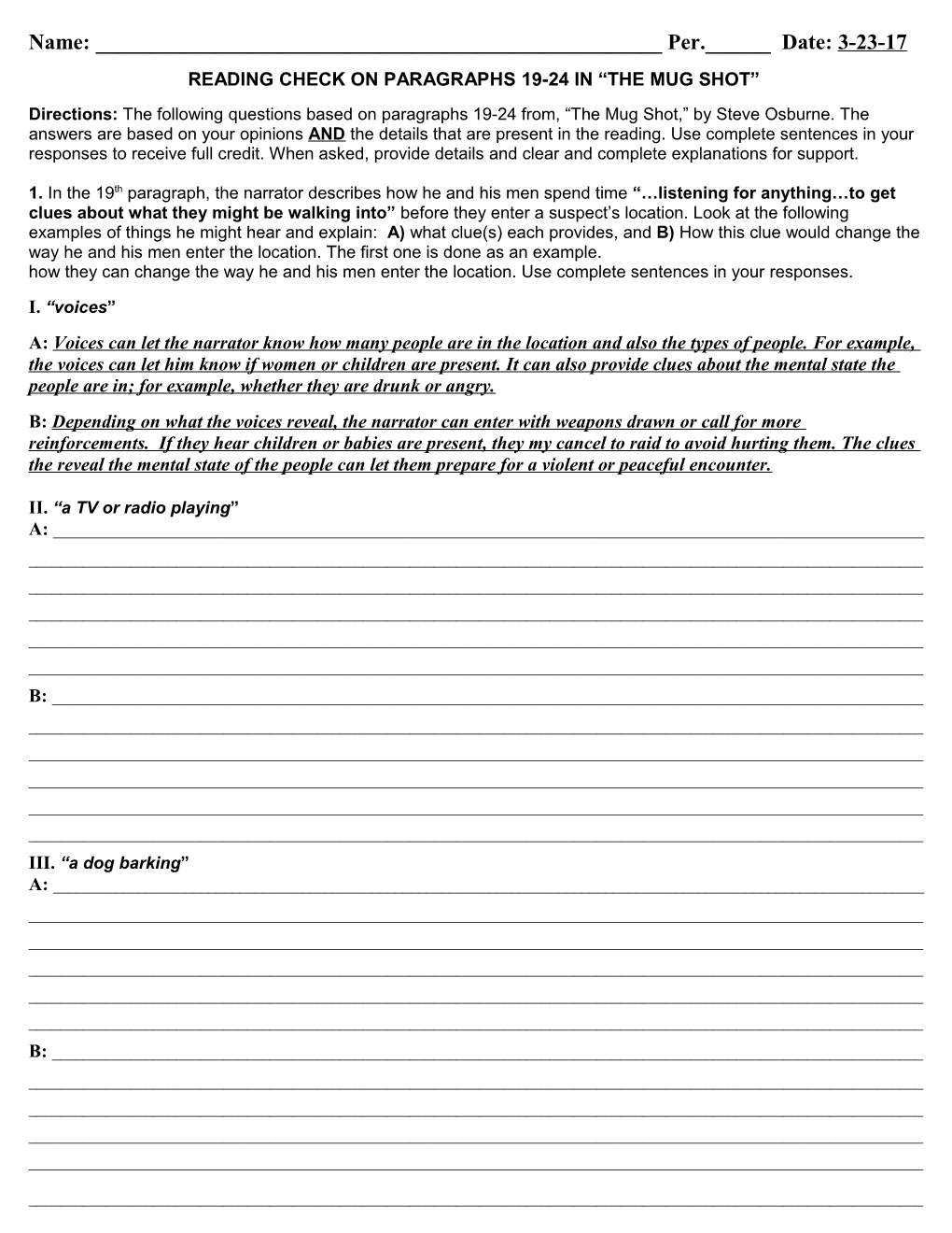 Reading Check on Paragraphs 19-24 in the Mug Shot