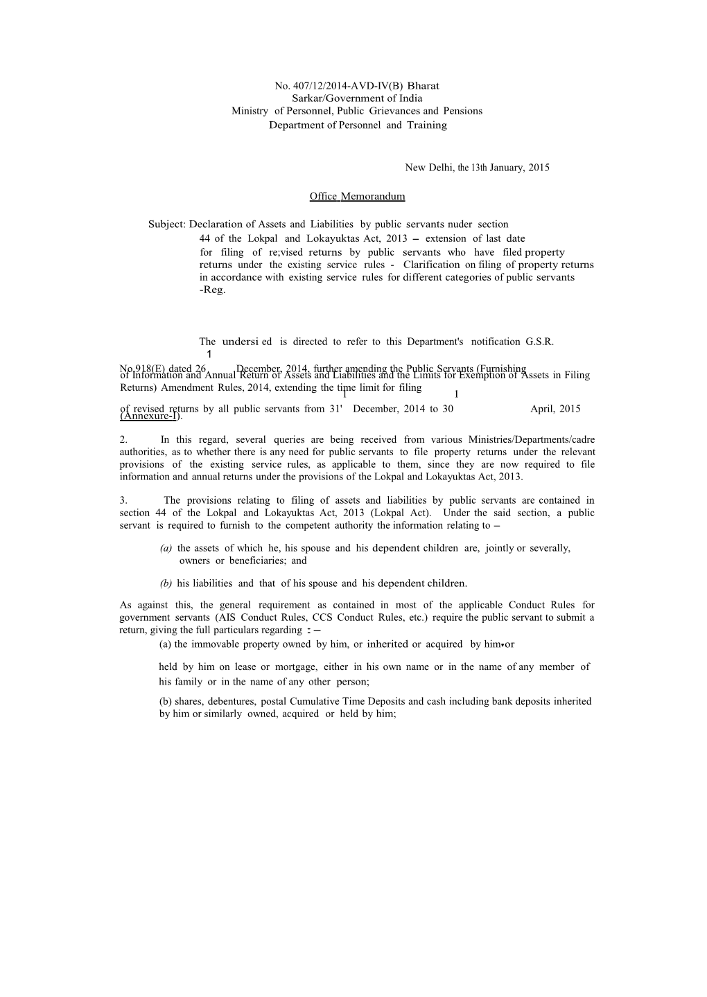 No. 407/12/2014-AVD-IV(B) Bharat Sarkar/Government of India