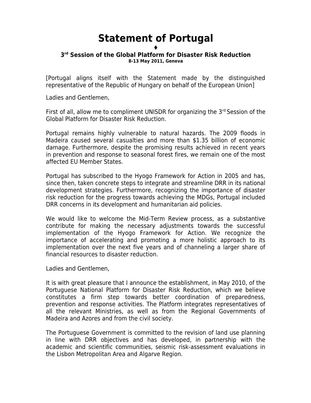 Statement of Portugal on Disaster Risk Reduction