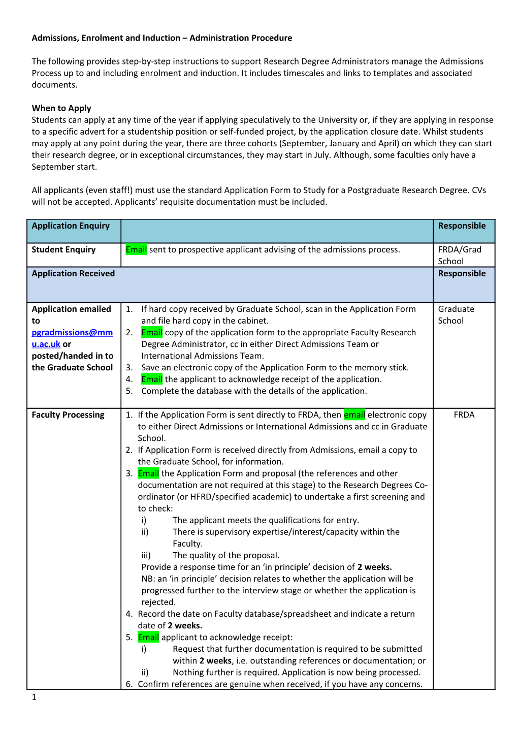 Admissions, Enrolment and Induction Administration Procedure