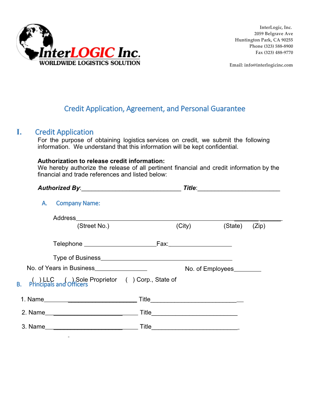 Creditapplication,Agreement, Andpersonal Guarantee