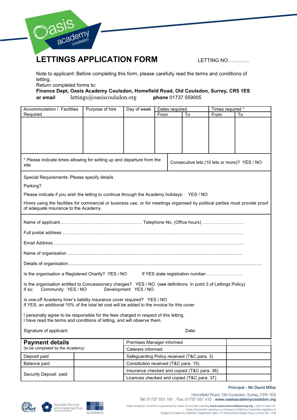Lettings Application Form Letting No