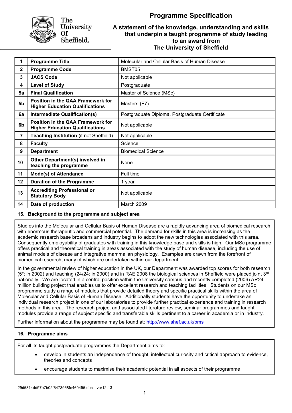 15. Background to the Programme and Subject Area