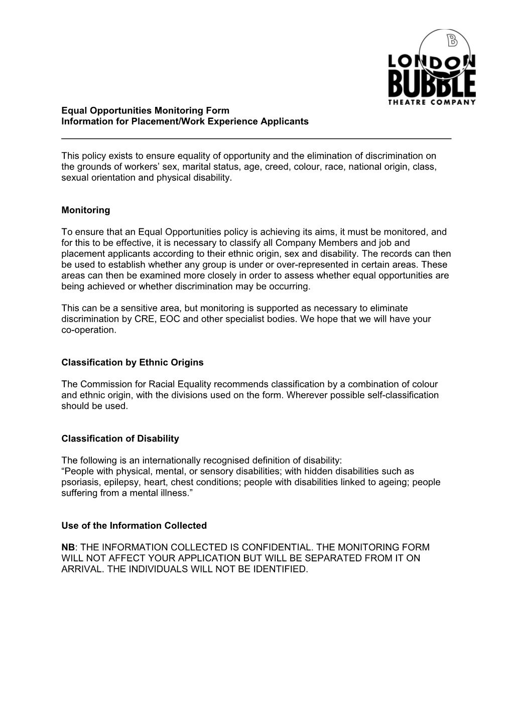 Eo Monitoring Form for Job Applicants/Company Members