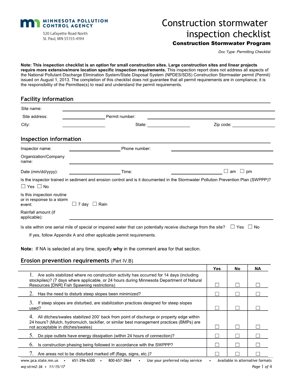 Construction Stormwater Inspection Checklist