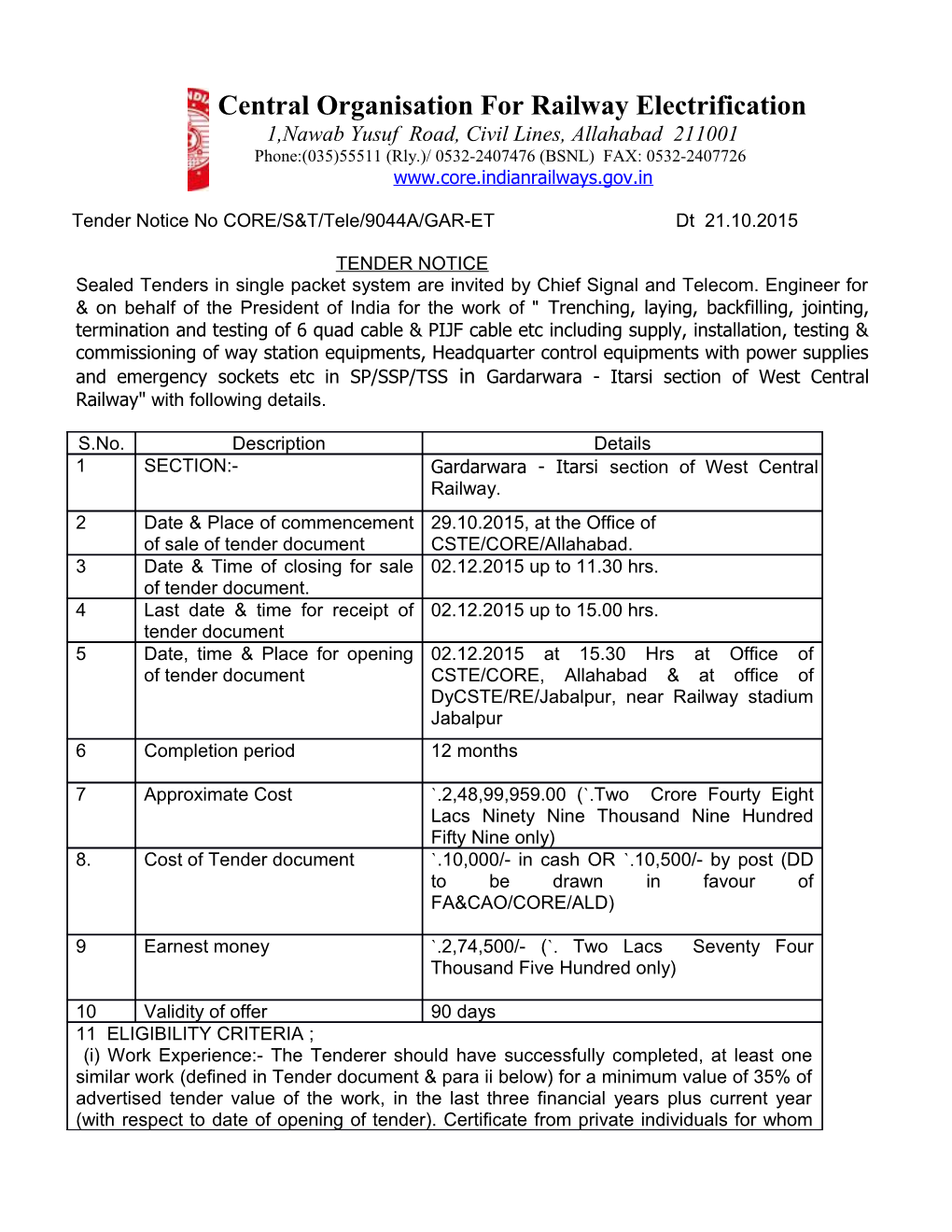 Tender Notice No CORE/S&T/Tele/9044A/GAR-ET Dt 21.10.2015