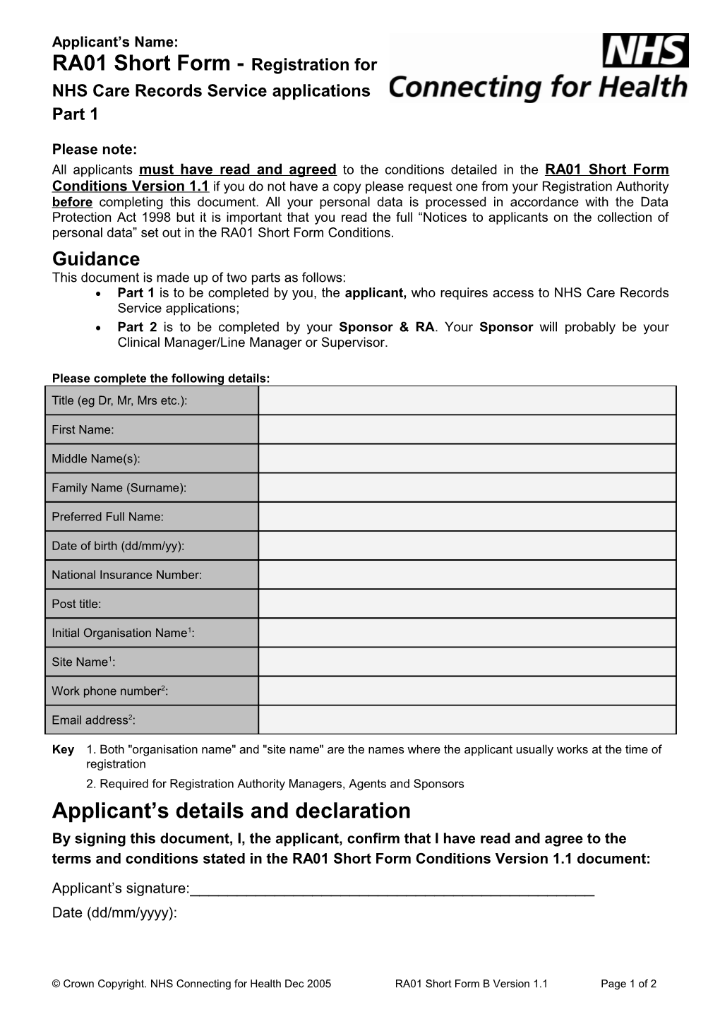 RA01 Short Form - Registration For