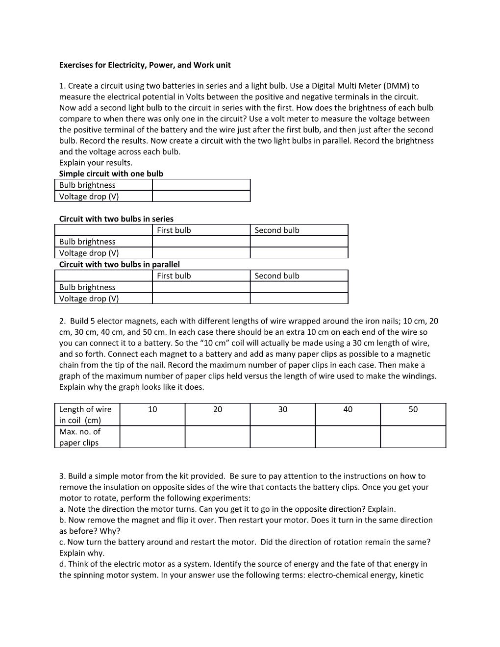 Exercises for Electricity, Power, and Work Unit