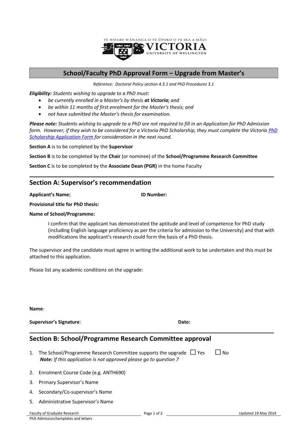 School/Faculty Phd Approval Form Upgrade from Master S