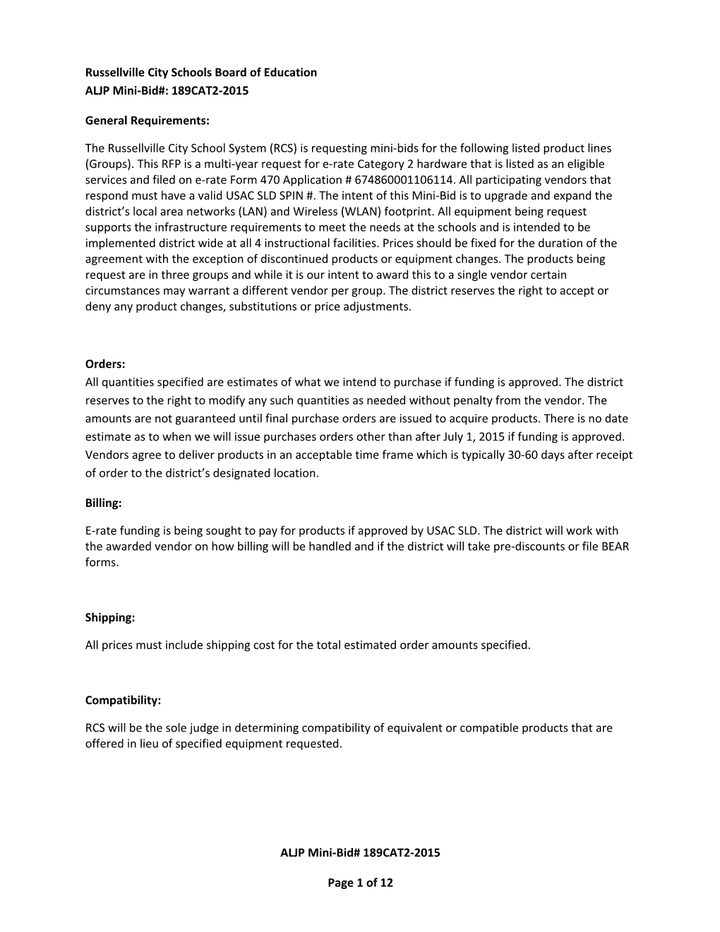 Russellville City Schools Board of Education ALJP Mini-Bid#: 189CAT2-2015