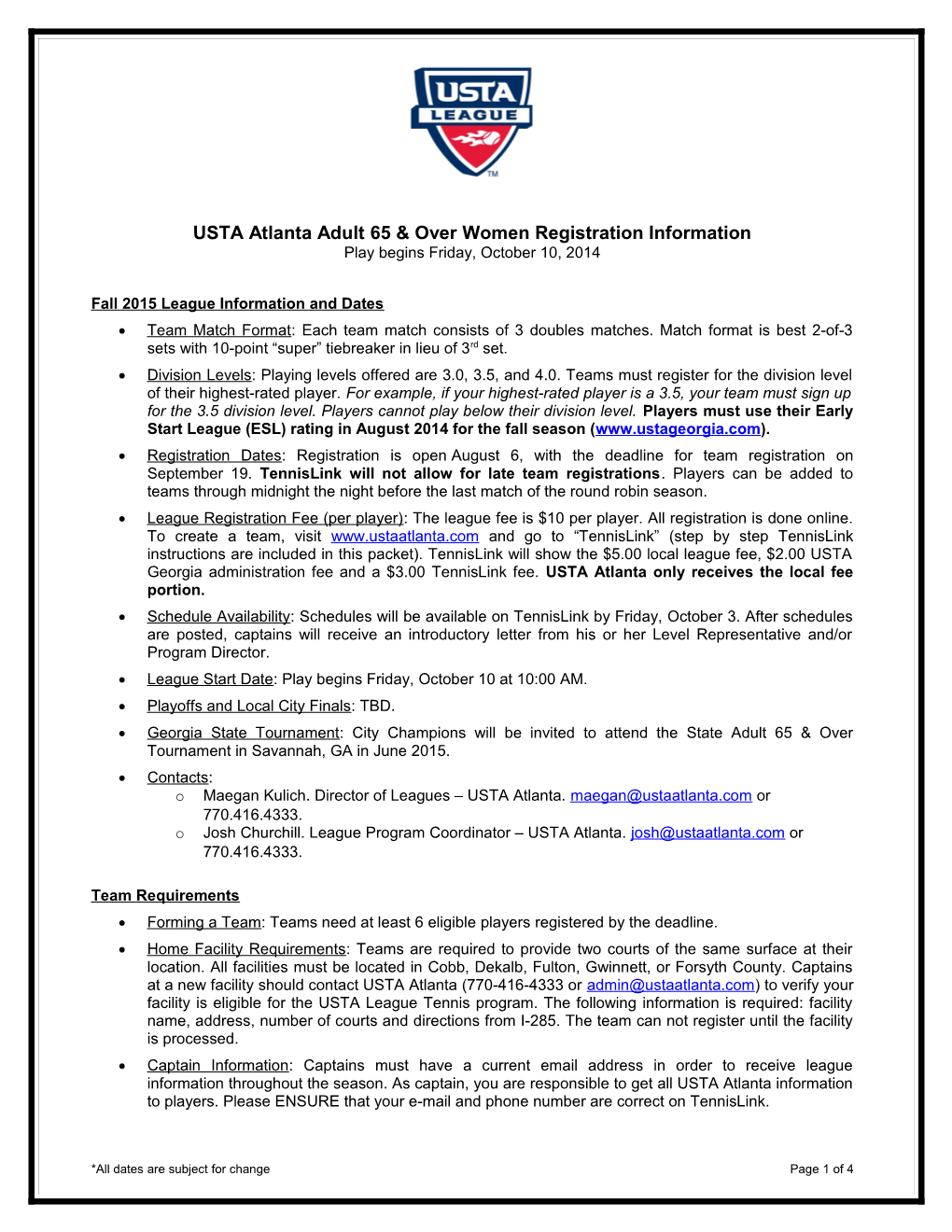 USTA Atlanta Mixed Doubles Registration Information