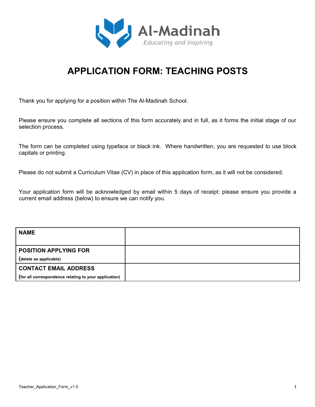 Application Form: Teaching Posts