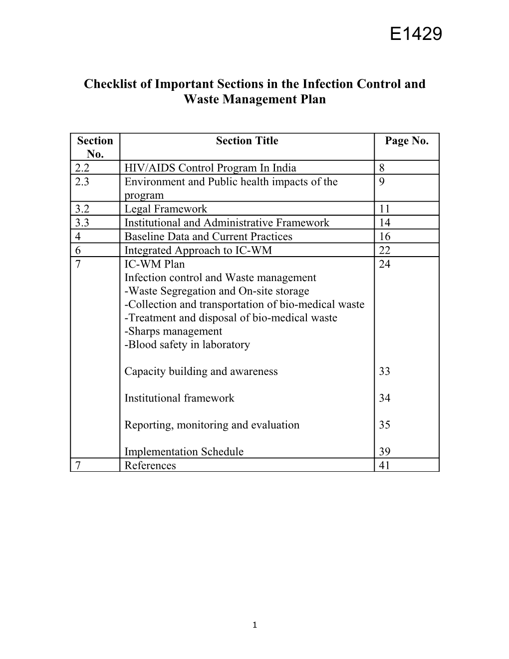 Checklist of Important Sections in the Infection Control and Waste Management Plan
