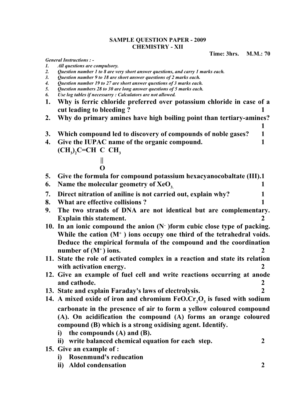 Sample Question Paper - 2009