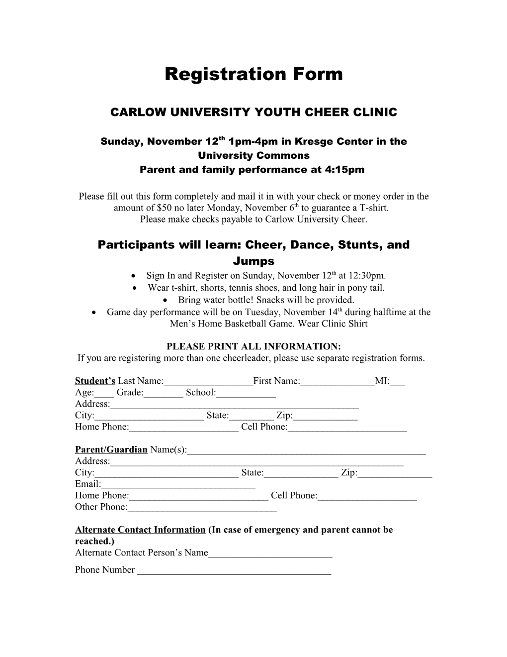 WILDCAT MINI CHEER CAMP Registration Form