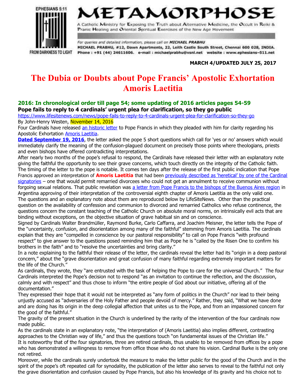 The Dubia Or Doubts About Pope Francis Apostolic Exhortation Amoris Laetitia
