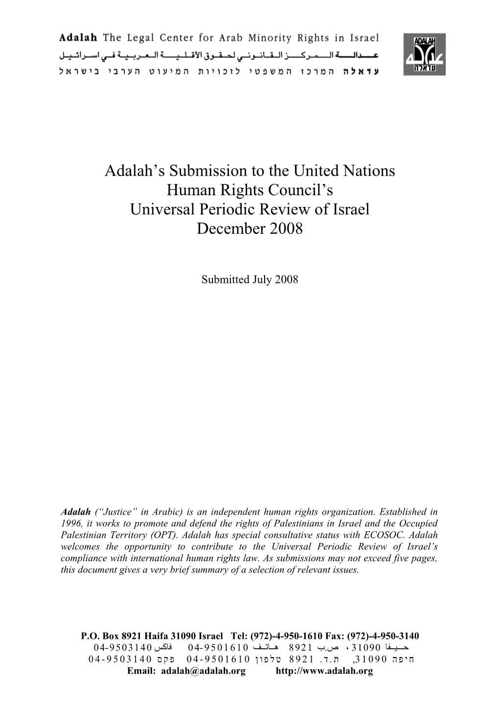 Adalah S Submission to the United Nations