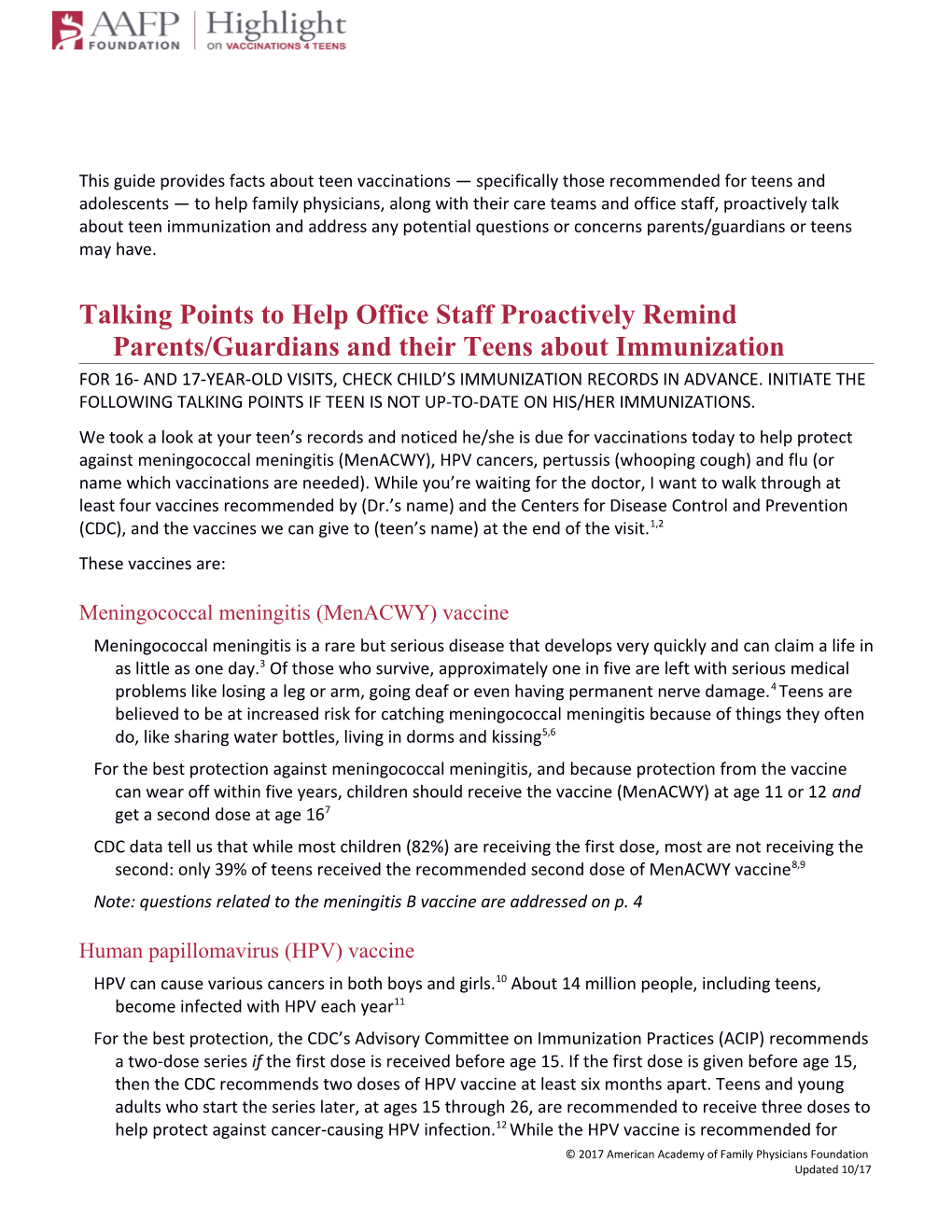 Talking Points to Help Office Staff Proactively Remind Parents/Guardians and Their Teens