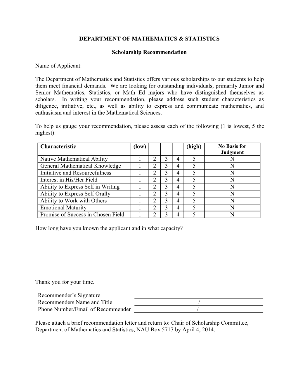 DEPARTMENT of MATHEMATICS STATISTICS Scholarship Recommendation